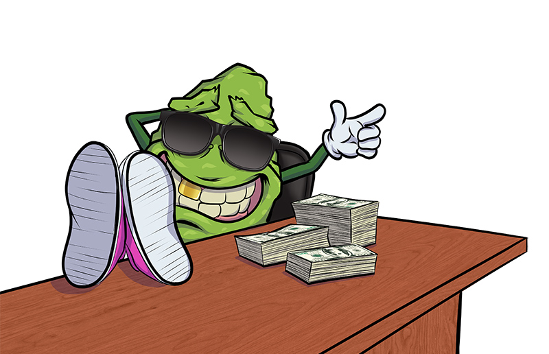 cannabis mascot nuggy sits behind a desk with shades on and stacks of cash